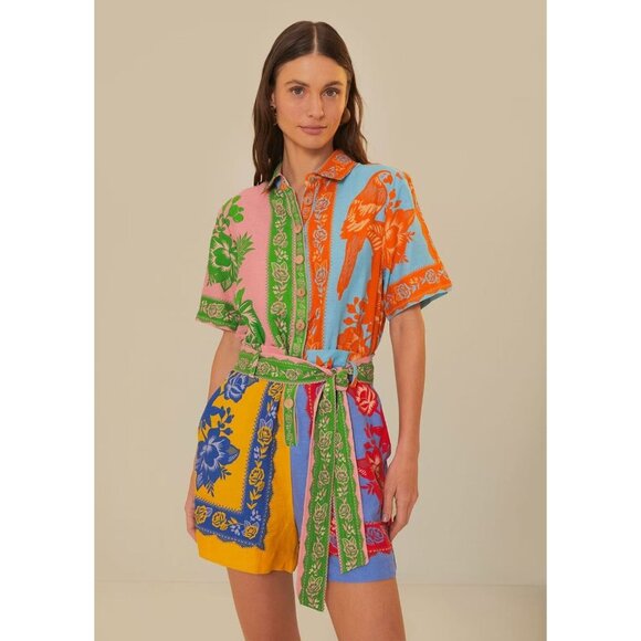 Farm Rio Pants - NWT Farm Rio Lace Garden Belted Romper Size M 100% Linen Blend Multicolor